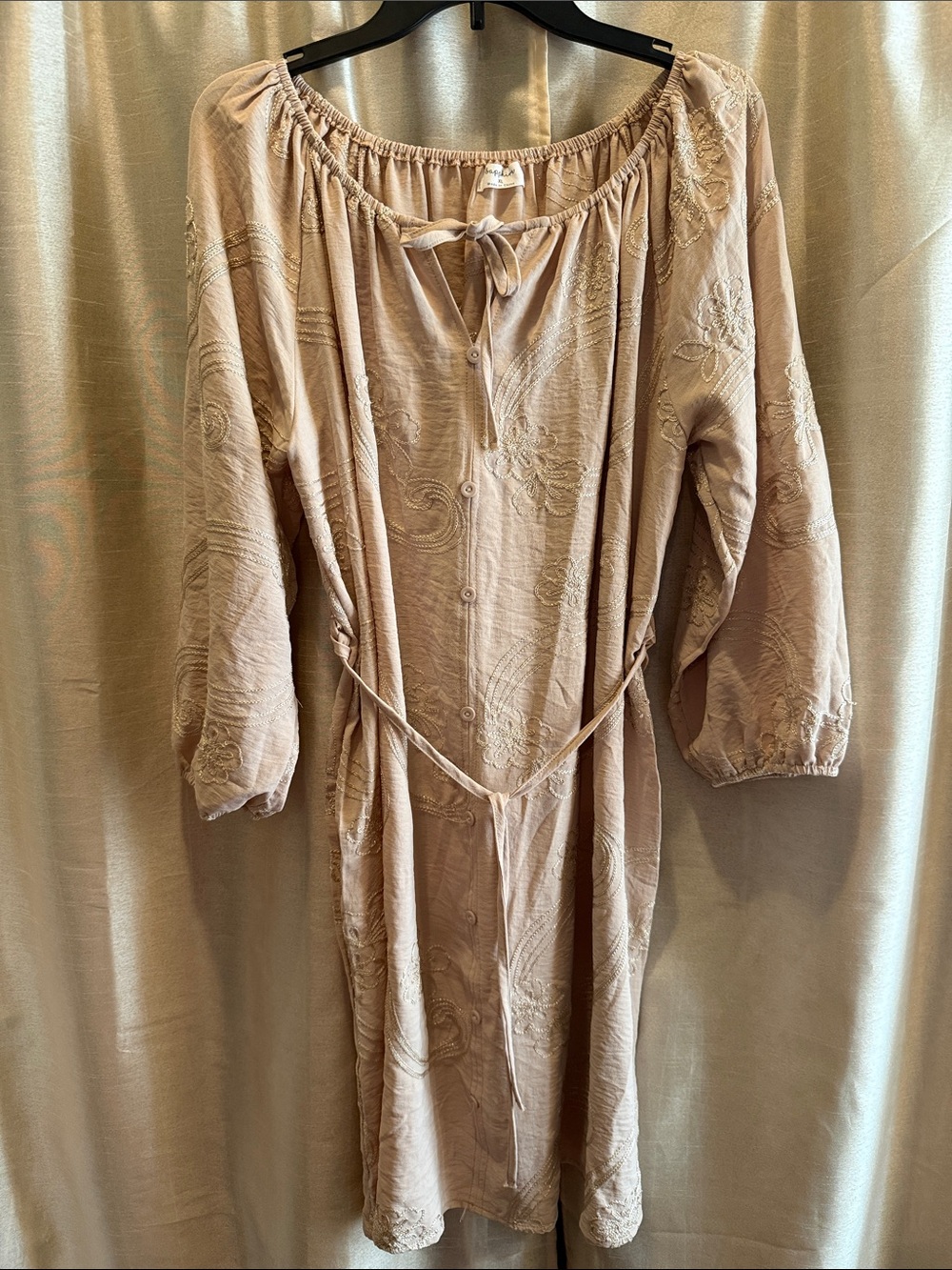 Boho Embroidered Midi Dress with Tie Waist - Neutral